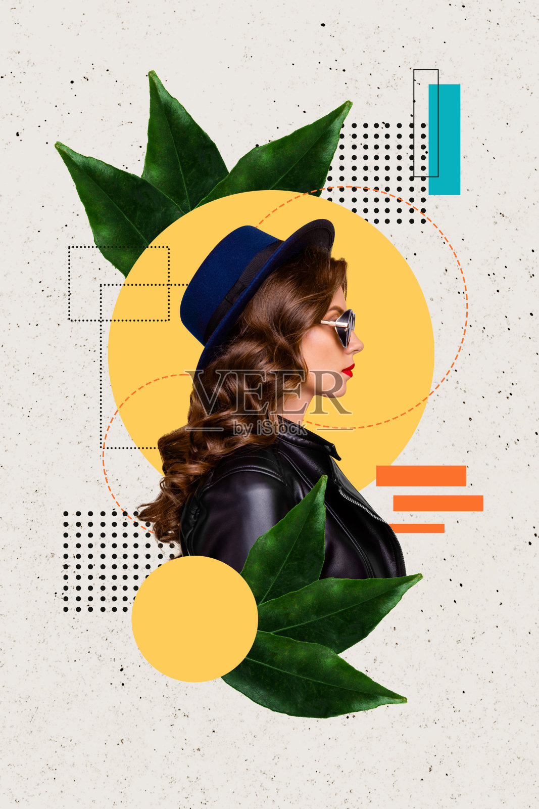 富有迷人的女性穿着时尚服装，竖向拼贴图像，背景为创意绘画。照片摄影图片