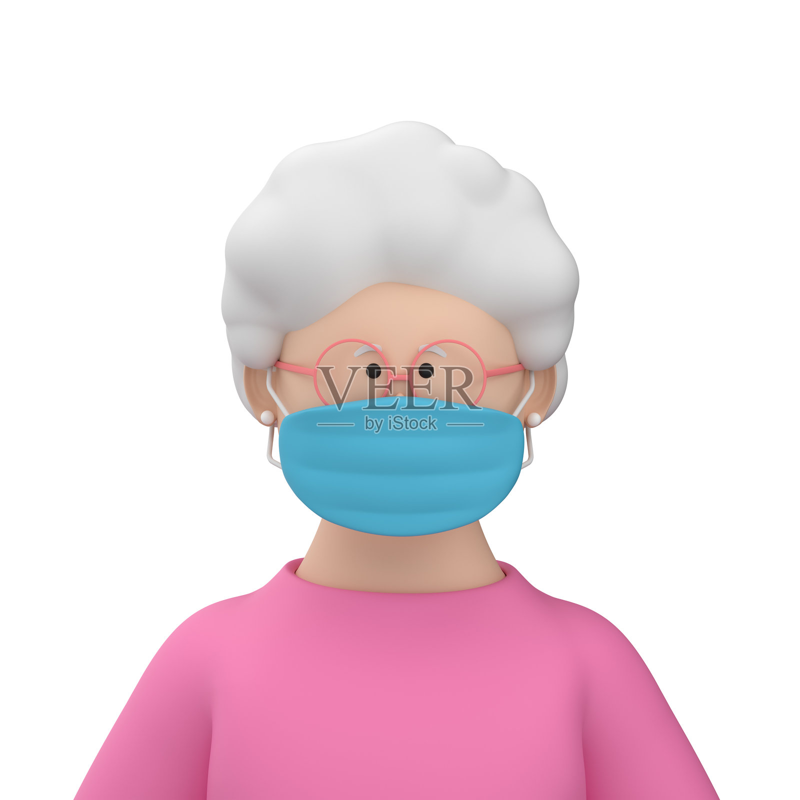 一位年长女性角色的肖像，佩戴蓝色医用口罩，背景为白色，3D插图照片摄影图片