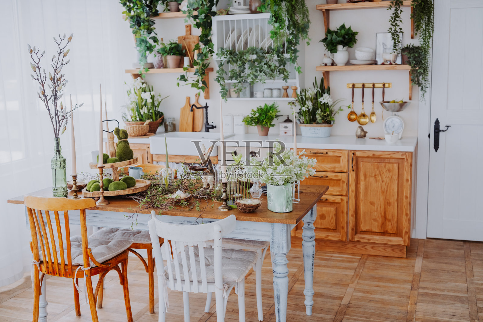 美丽布置的厨房，配有植物和自然装饰元素照片摄影图片