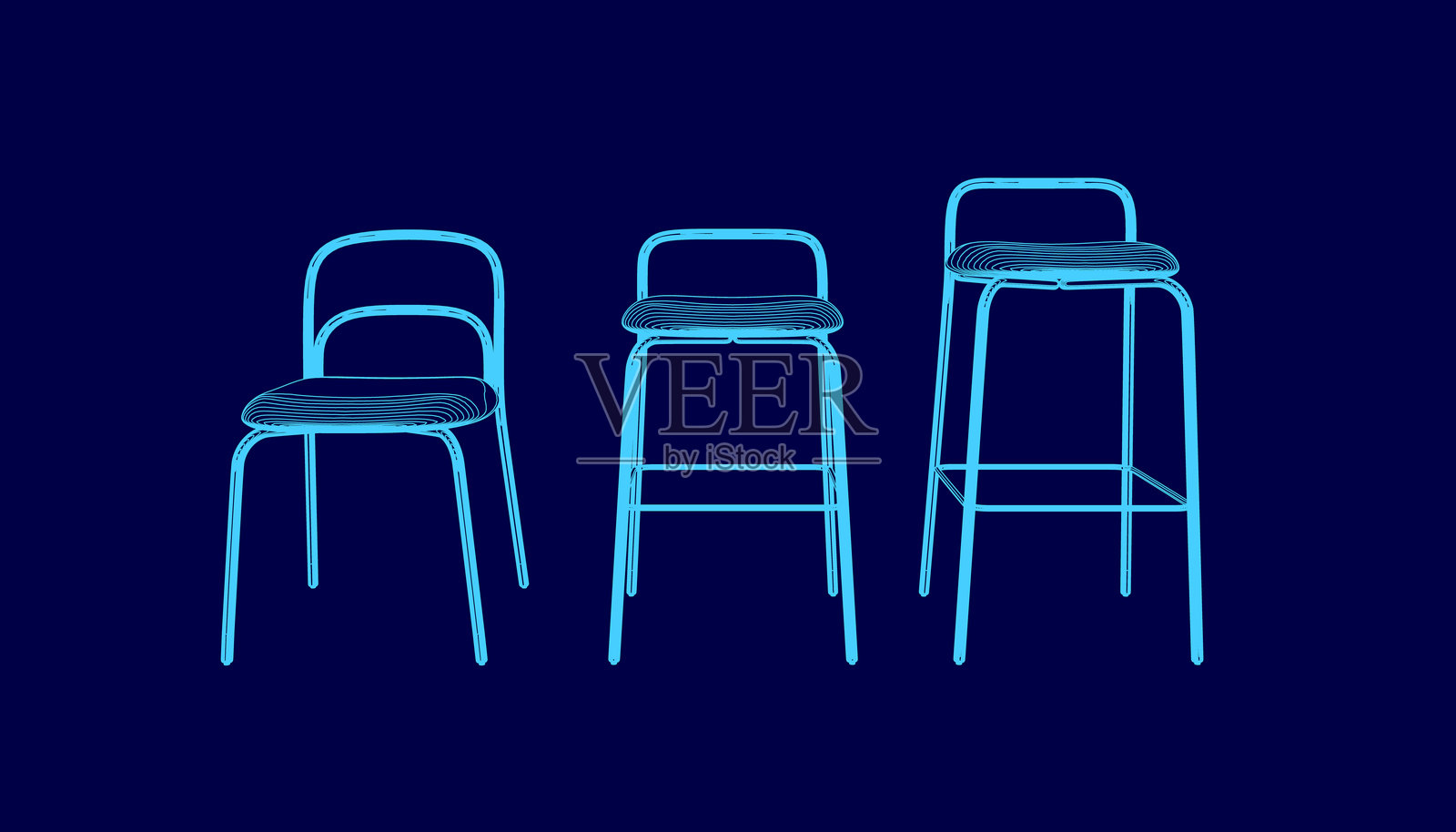 三把椅子展示在蓝色背景下。椅子的大小和形状各不相同。椅子排成一排， tallest 的椅子在中间， shortest 的椅子在左侧。插画图片素材