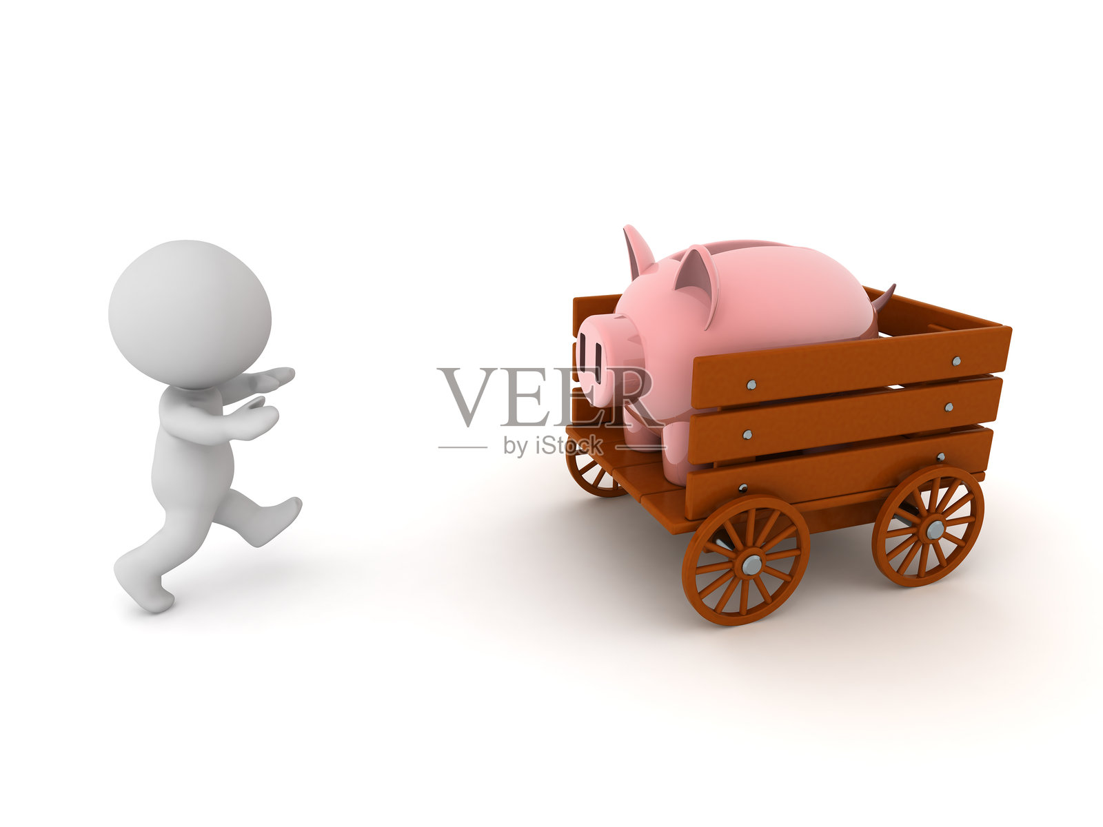 3D角色追着装有储蓄罐的马车跑照片摄影图片