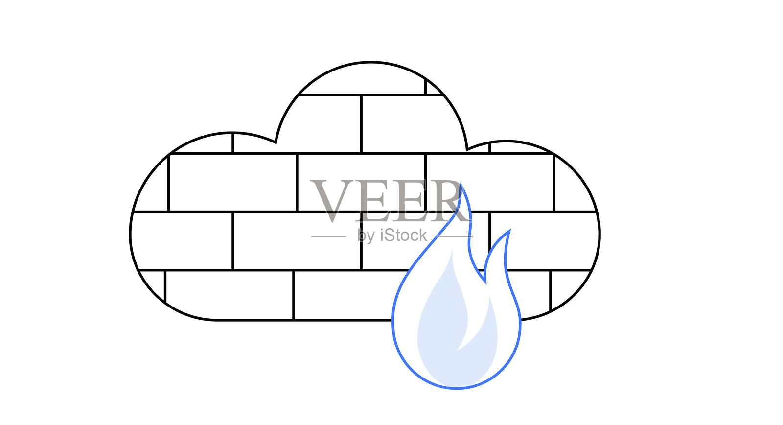 带有防火墙和蓝色火焰的云安全符号插画图片素材