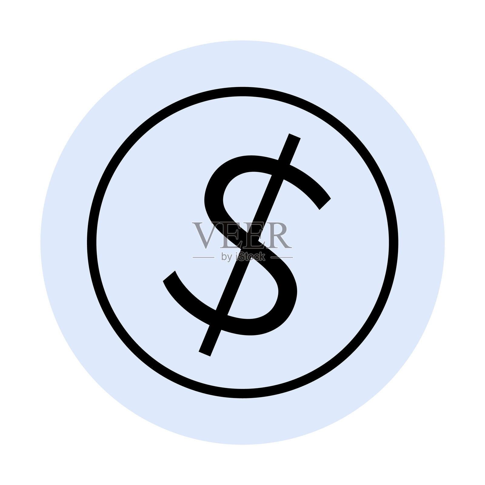 浅蓝色背景上的简单黑色圆形美元符号插画图片素材