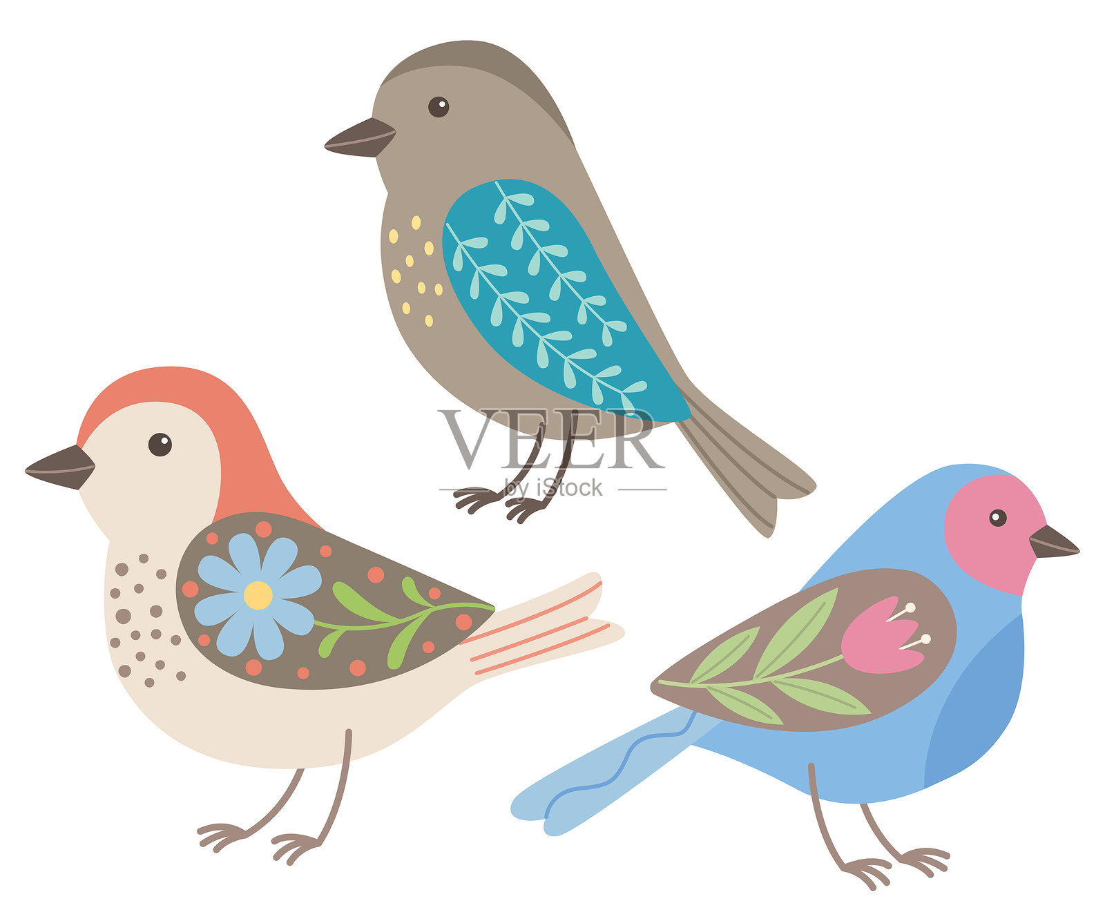 一组可爱的装饰鸟与花卉图案插画图片素材