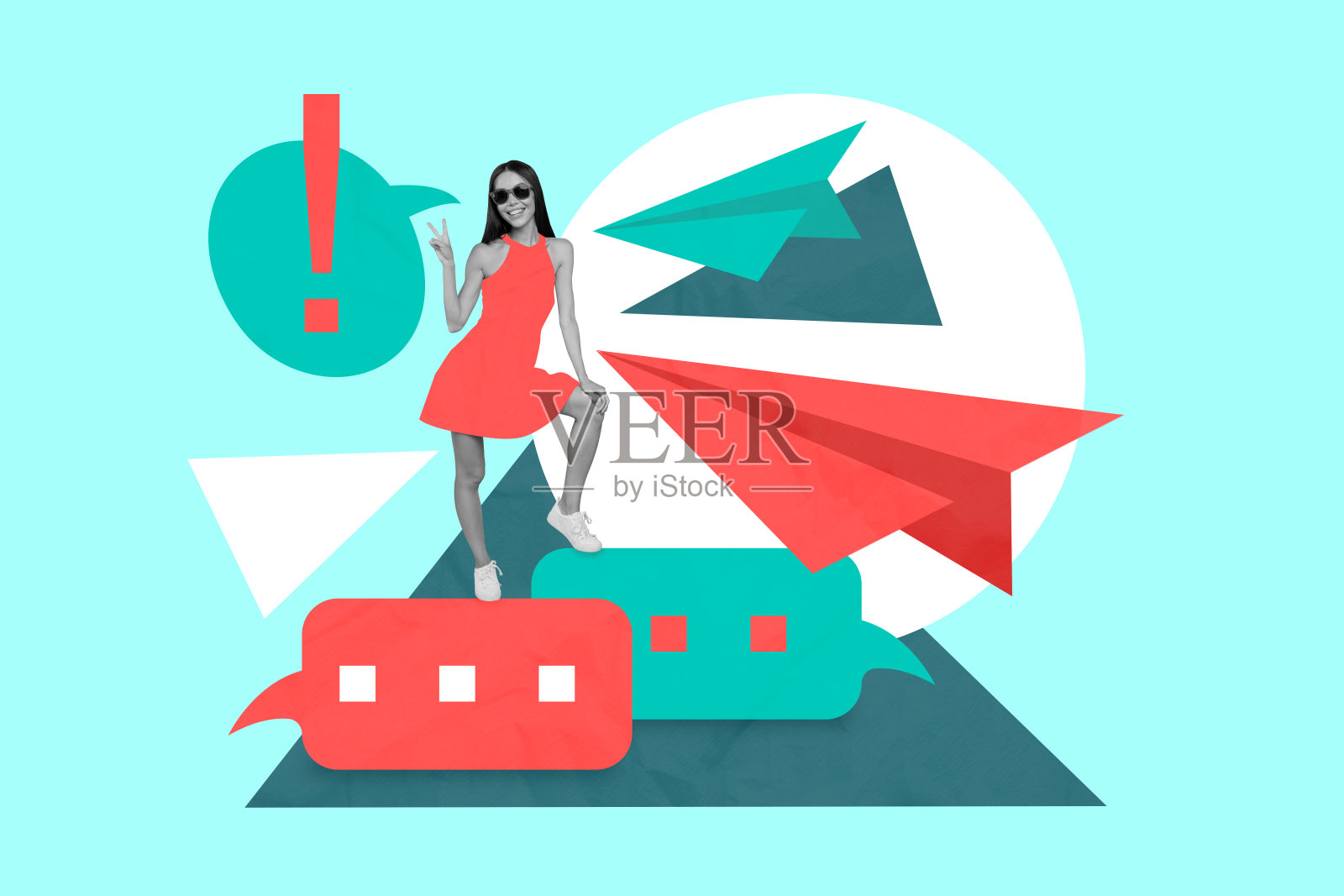 创意拼贴年轻女性穿着红色裙子，沟通概念，飞翔的纸飞机，发送、回复和接收短信文本框照片摄影图片