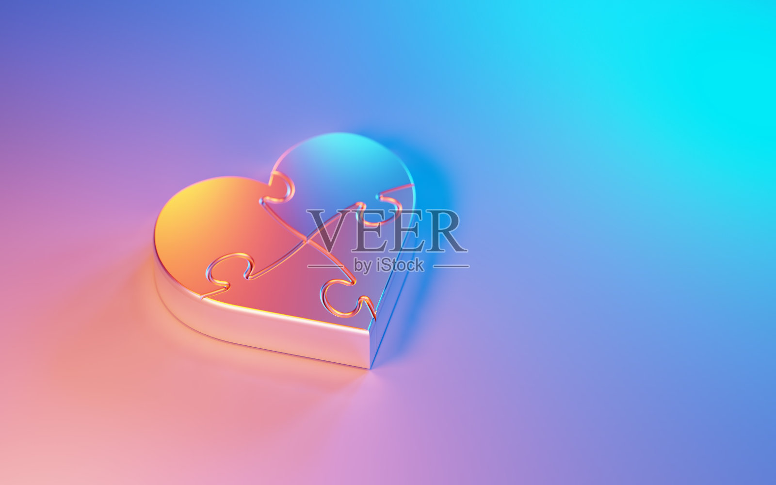 由拼图块组成的心形，在蓝色和品红色背景下被蓝色和品红色灯光照亮照片摄影图片