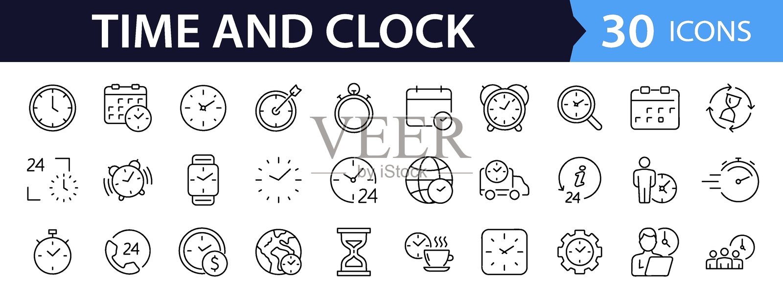 时间和时钟的线条风格网页图标集。时间管理。计时器、速度、日期、倒计时、闹钟、恢复、时间、时钟、手表、日历的简单图标，适用于网页和移动应用。矢量插图。插画图片素材