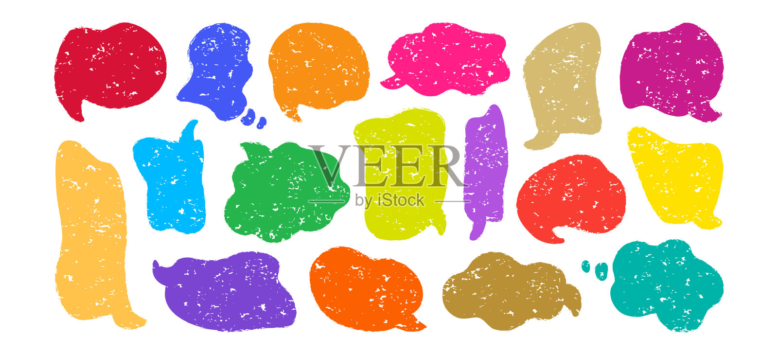 语音气泡蜡笔图标，文本框粉笔，谈话气球粉彩，素描涂鸦云，彩色漫画框粗糙纹理，可爱的聊天炭笔画在背景上独立。卡通矢量插图插画图片素材