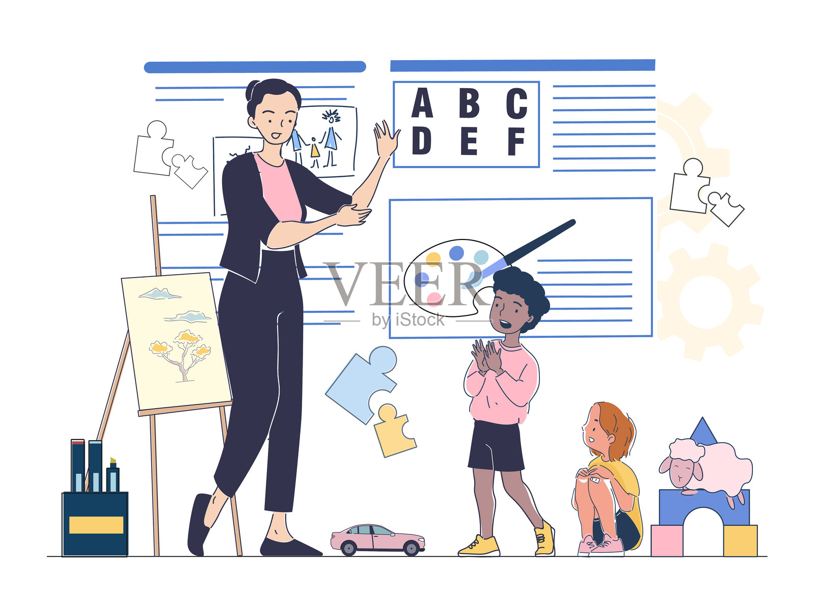 教师在创意教室中教育孩子们。矢量插图插画图片素材