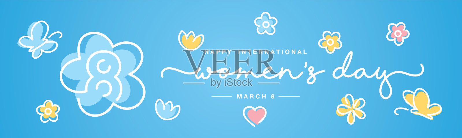 国际妇女节横幅贺卡传单，庆祝3月8日，手写书法，五彩花朵和蝴蝶剪影矢量插图，背景为天蓝色插画图片素材
