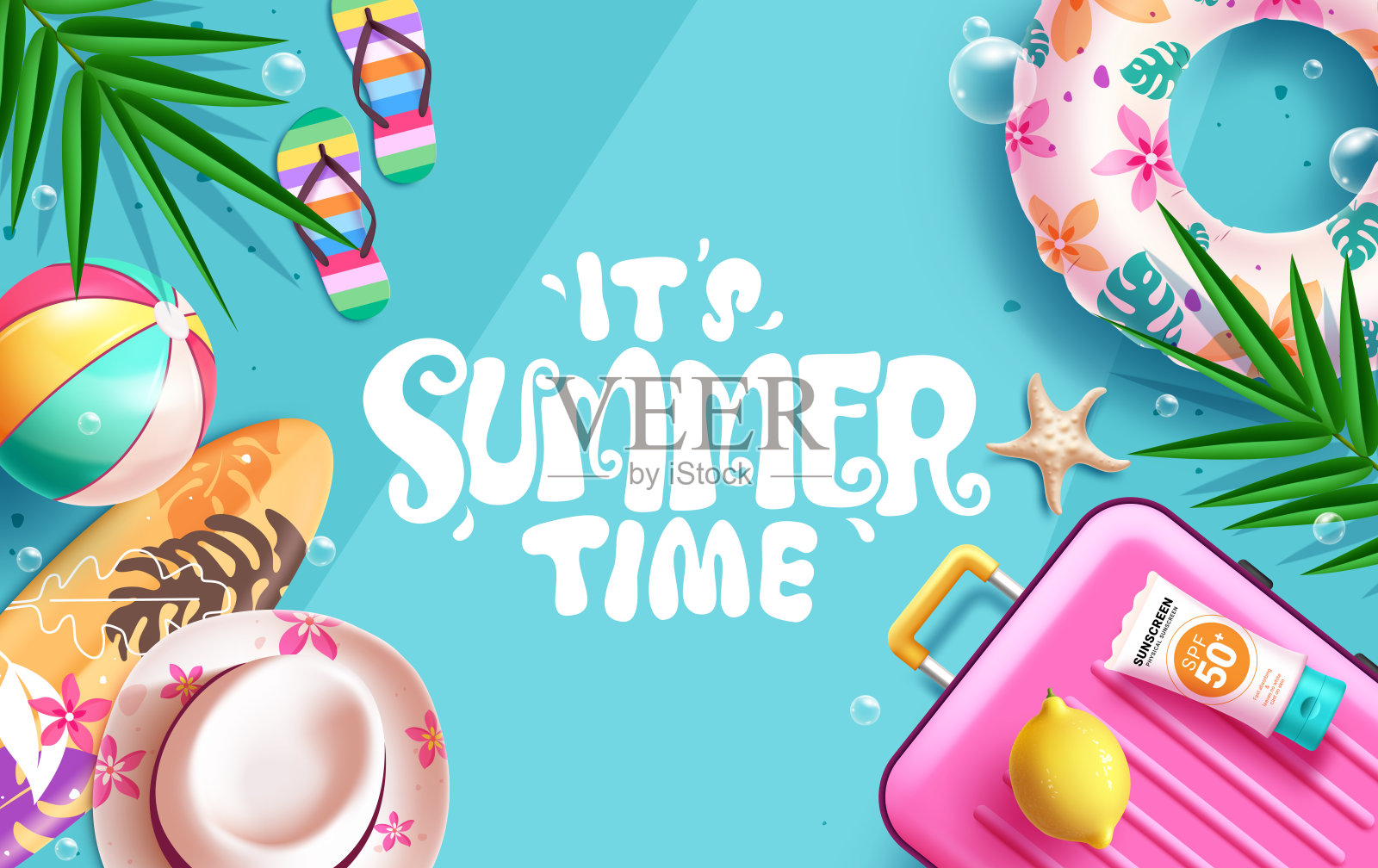 夏季剪贴画横幅设计。蓝色热带背景中的夏季问候文字，适合度假时光与浮具。插画图片素材
