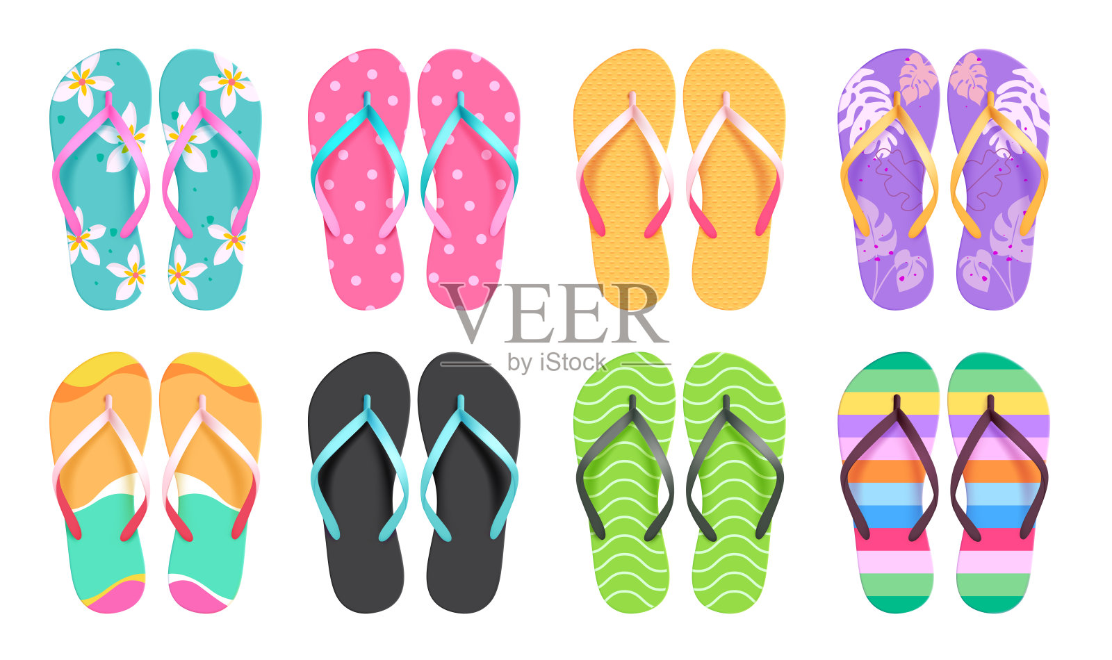 多彩的拖鞋图案剪贴画套件。适合游泳、夏季海滩度假的多色拖鞋元素剪贴画。插画图片素材