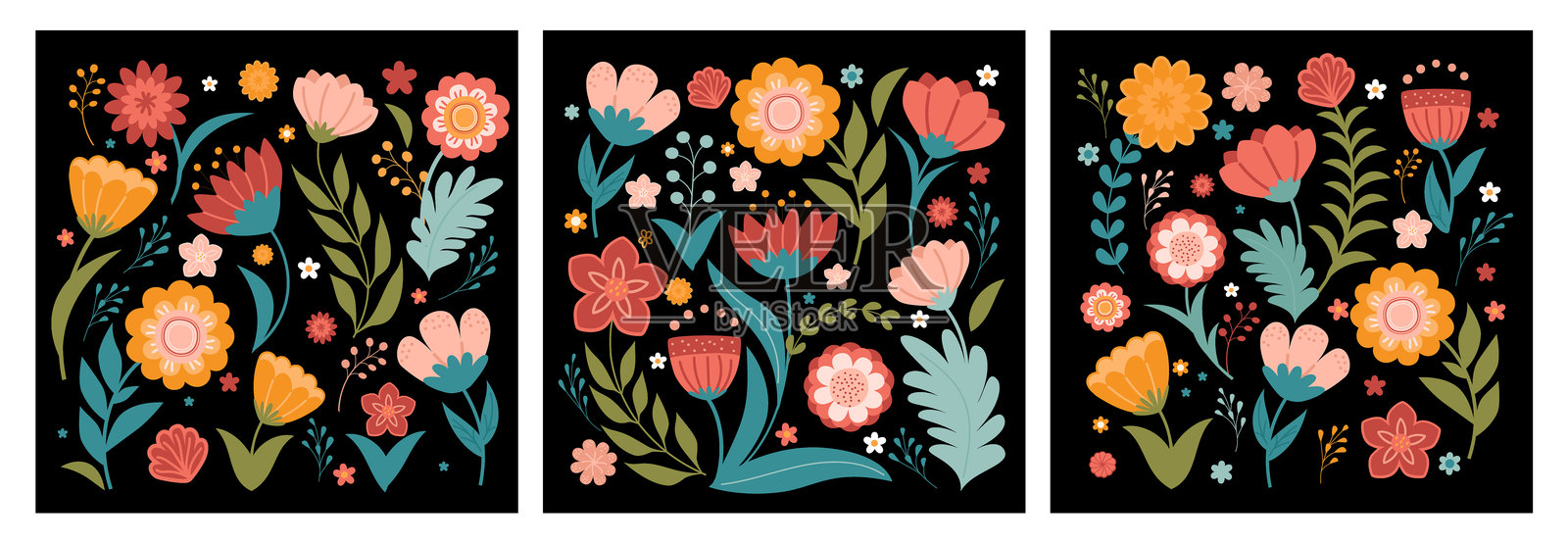 一组明信片，带有色彩丰富的民俗风格花卉的矢量插图，背景为黑色。插画图片素材