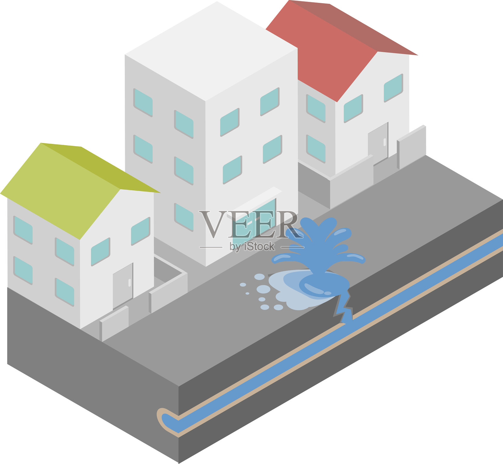 住宅区内水管爆裂并喷涌而出的等轴测图像插画图片素材