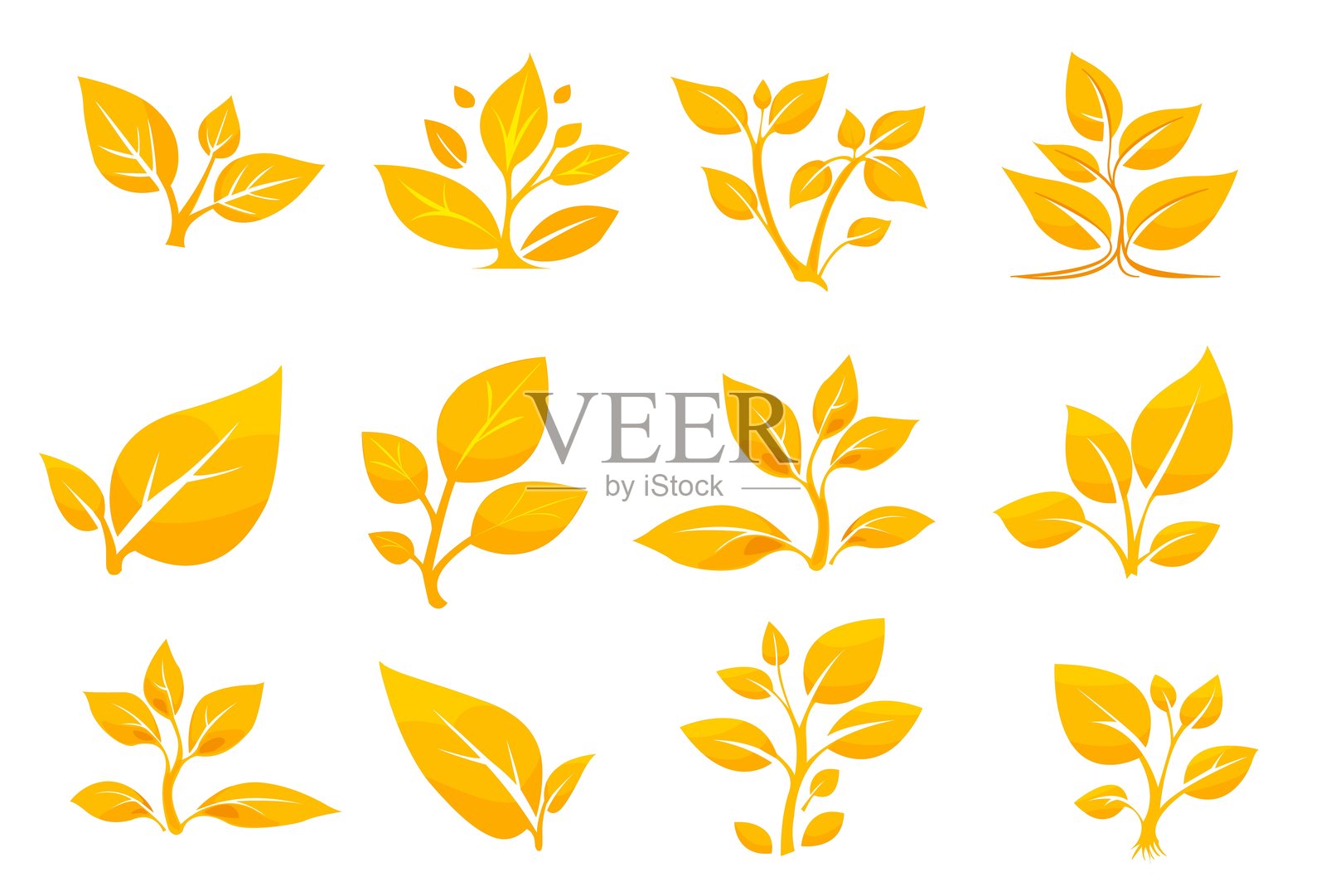 黄色叶子插图展示了各种植物形状和排列，供装饰使用。秋天插画图片素材
