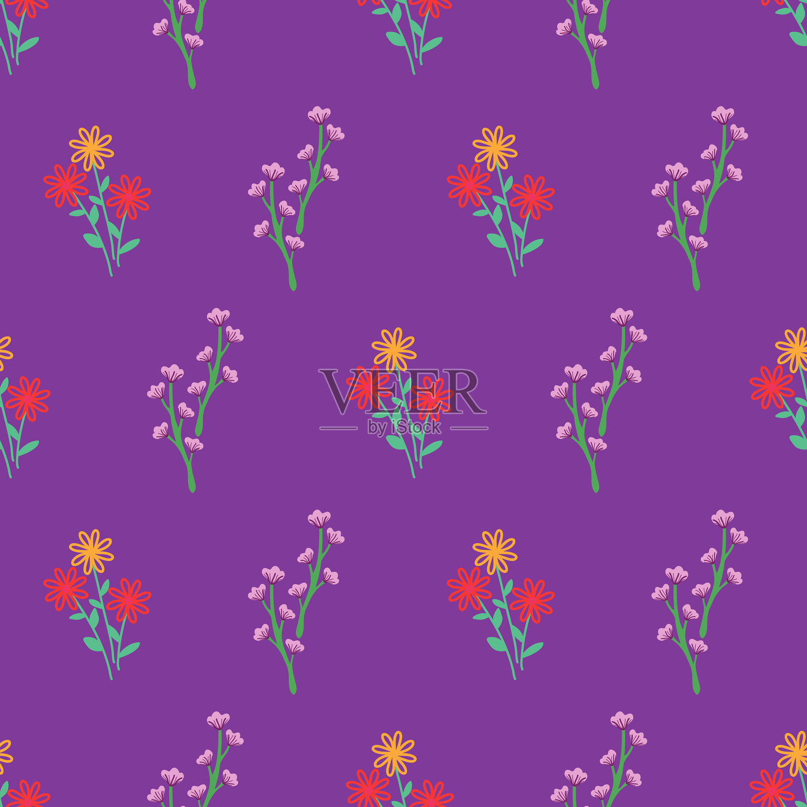 简约花卉重复图案插图，紫色背景插画图片素材
