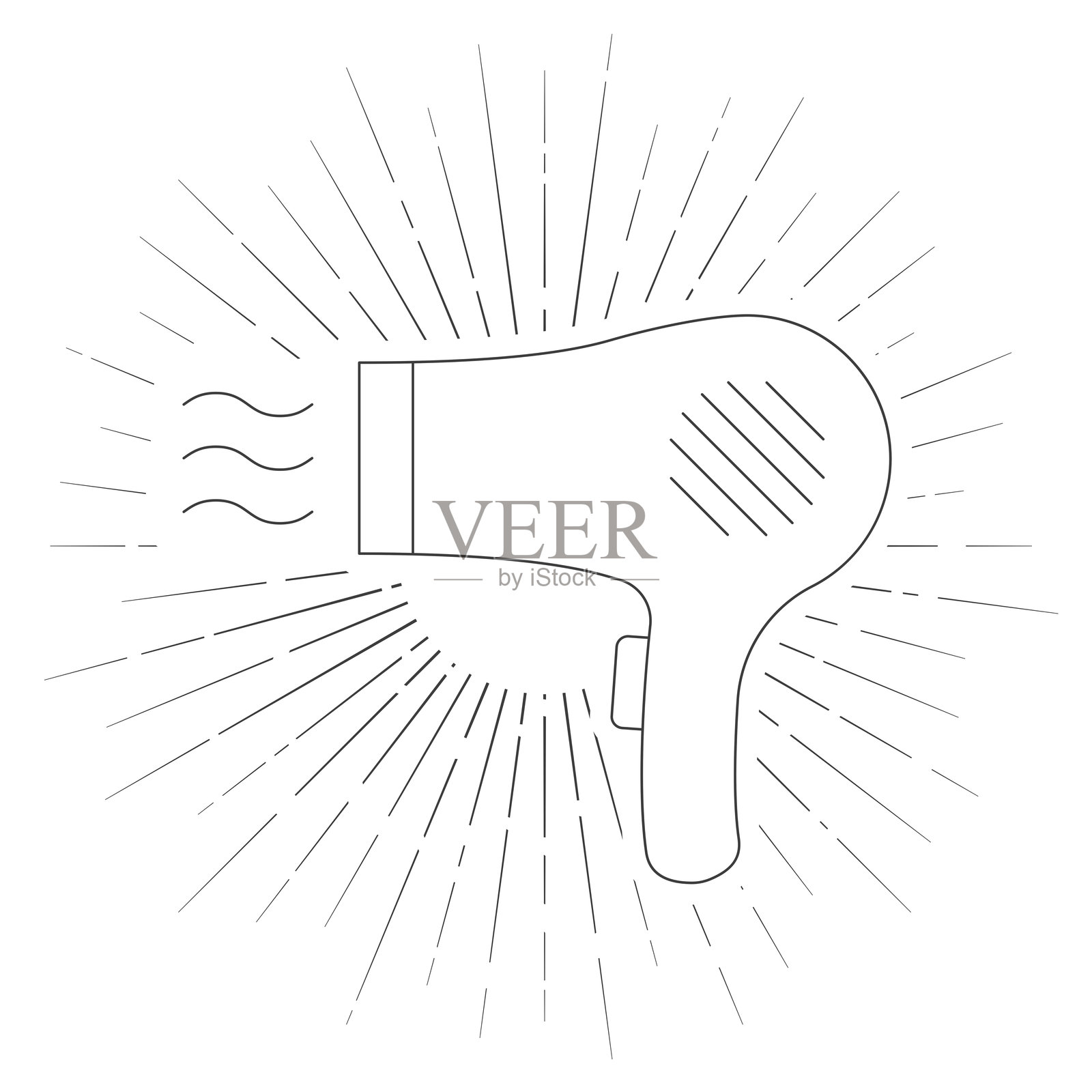 吹风机。白色背景上的线条图标，带有阳光辐射效果。插画图片素材