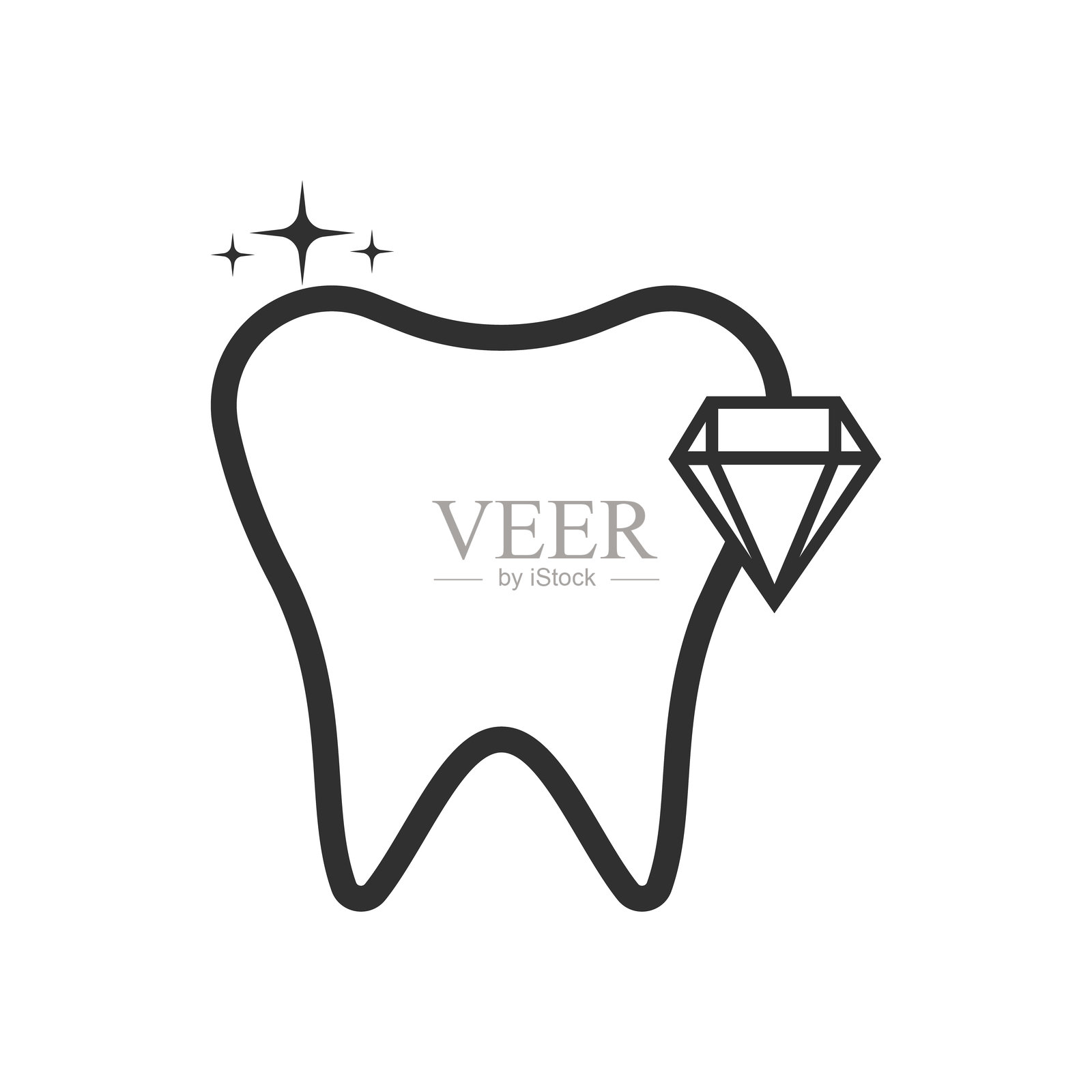 闪亮闪烁的牙齿与钻石线条矢量图标。健康的白色牙齿轮廓符号。插画图片素材