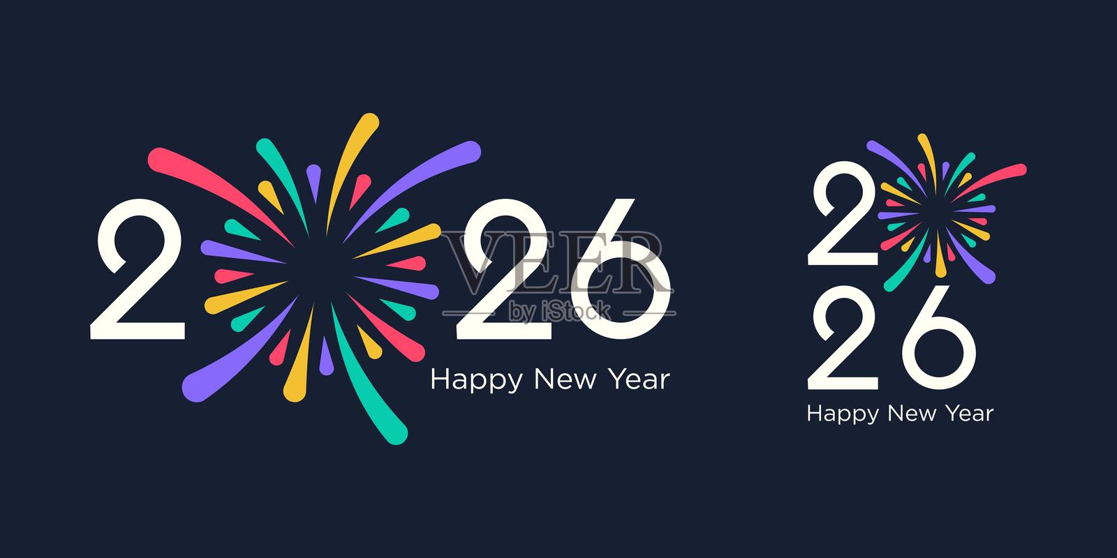 2026年快乐新年标志设计矢量图。五彩缤纷的烟花和时尚的2026新年设计模板。插画图片素材