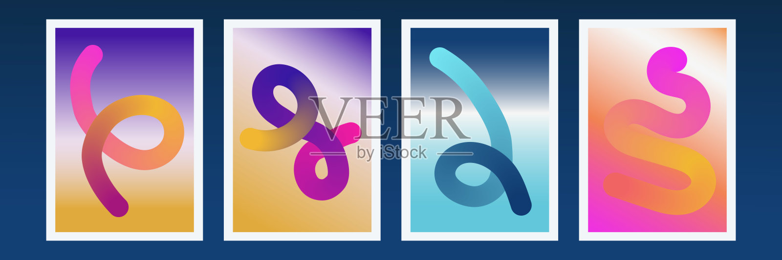 抽象背景，包含曲线、波浪和波动形状元素。霓虹渐变流动线条和环的组合。插画图片素材