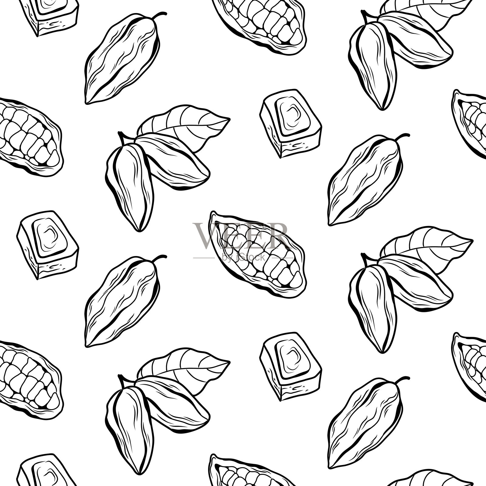 稀疏的黑白图案，配有巧克力块、可可豆荚和可可豆插画图片素材