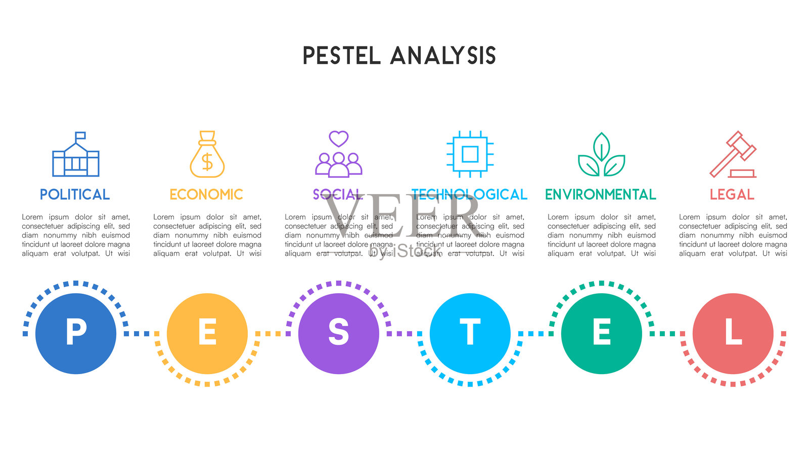PESTEL分析信息图，带有水平流动的圆点图标插画图片素材