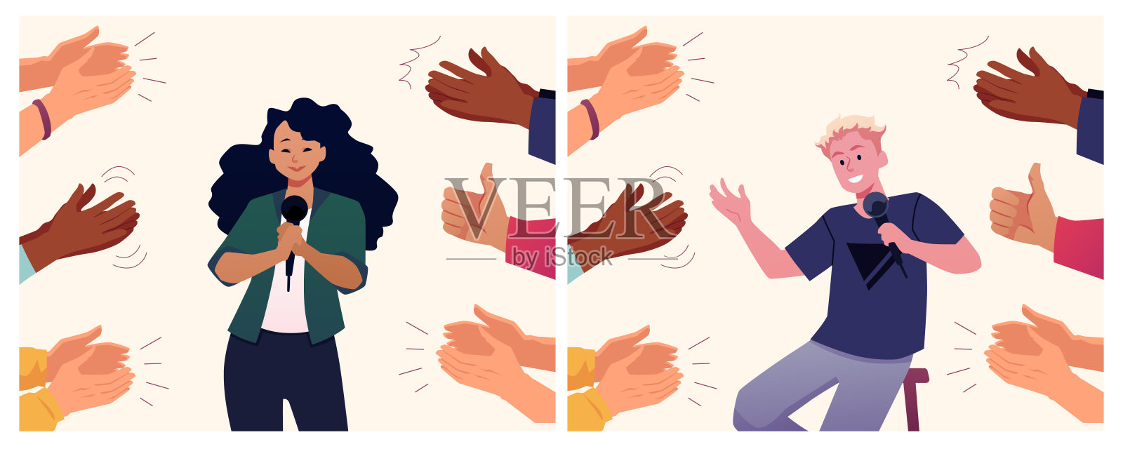 观众为女性和男性表演者热烈鼓掌，竖起大拇指的矢量插图集，多国观众在欢呼。插画图片素材
