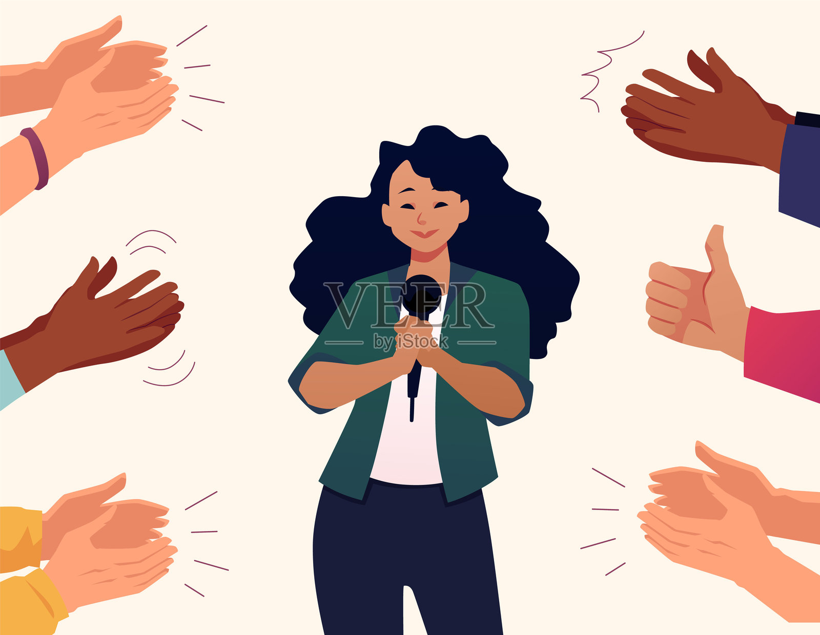 观众为女性表演热烈鼓掌和竖起大拇指的矢量平面插图，多国观众在欢呼。插画图片素材
