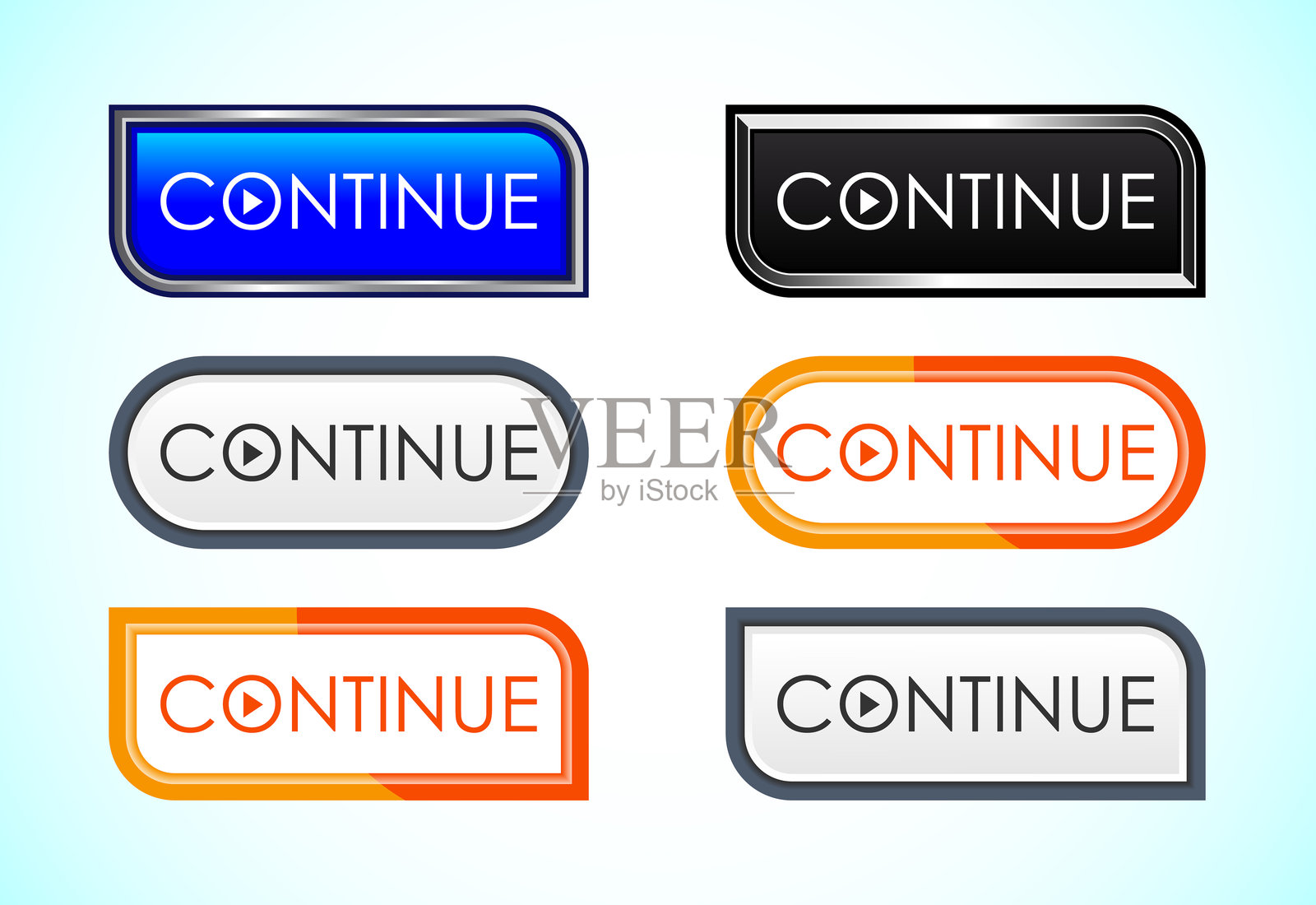 继续按钮设计插图，适合移动应用和网站用户界面的继续图标插画图片素材