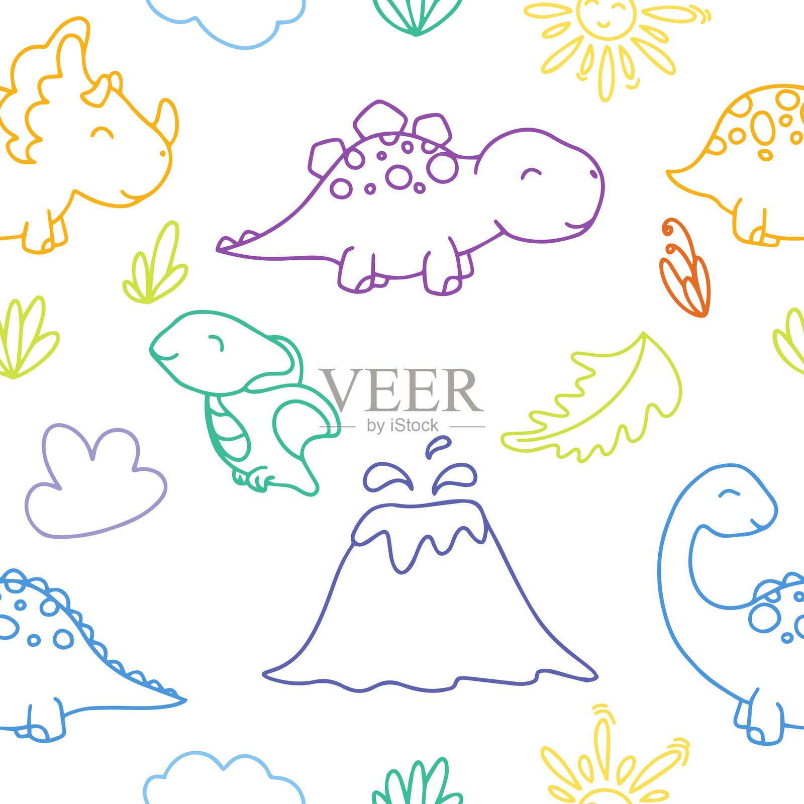 可爱的恐龙和热带植物。搞笑的卡通恐龙无缝图案。手绘矢量涂鸦设计，适合儿童。手绘儿童图案，适用于时尚服装、衬衫和面料。搞笑的卡通恐龙。插画图片素材