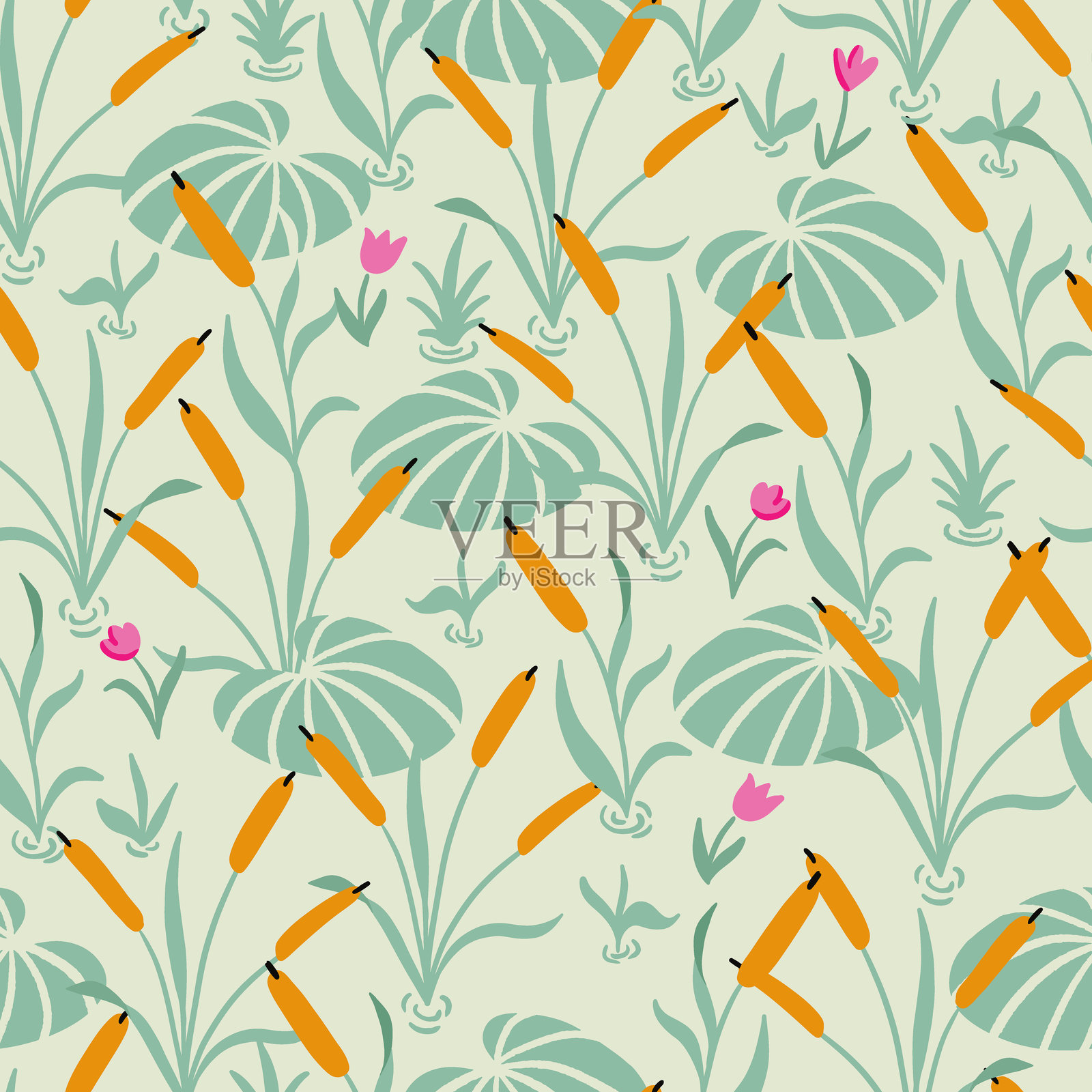 睡莲池塘和植物矢量无缝图案插画图片素材