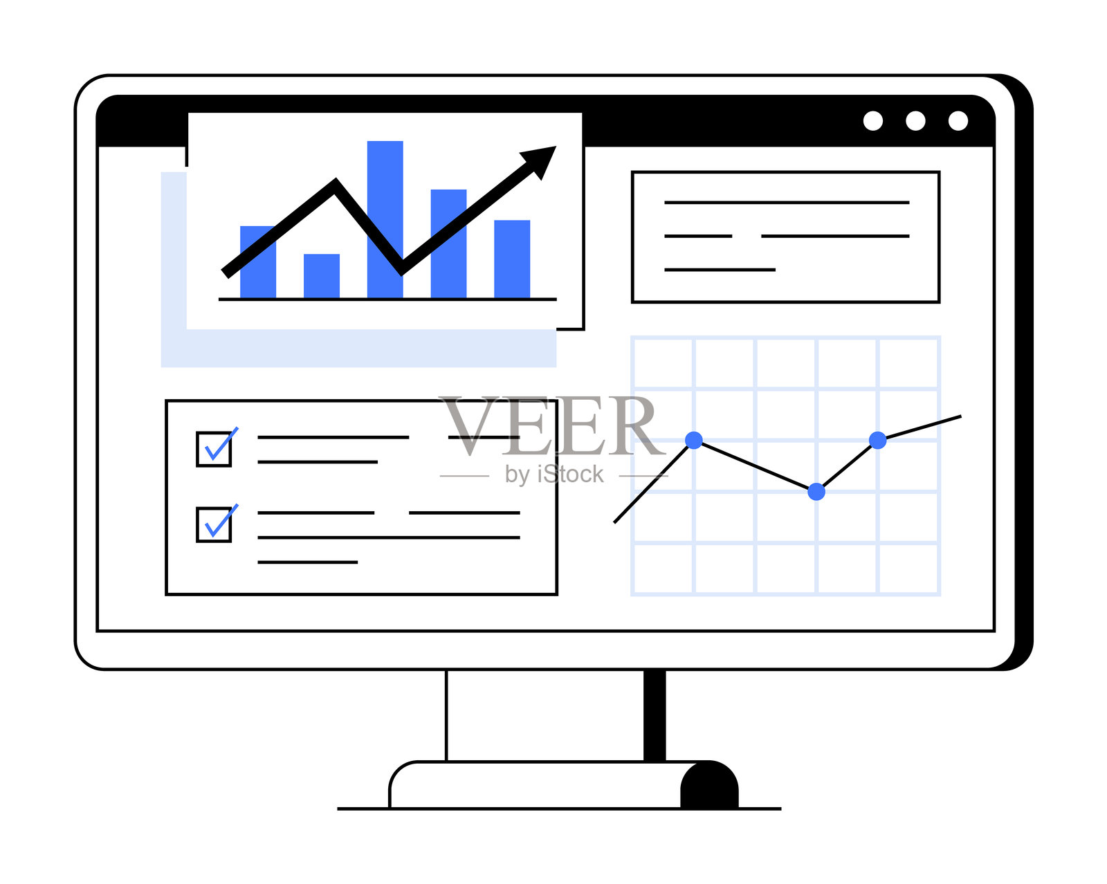 计算机屏幕上的数据分析仪表板，包含图表、图形和检查清单插画图片素材