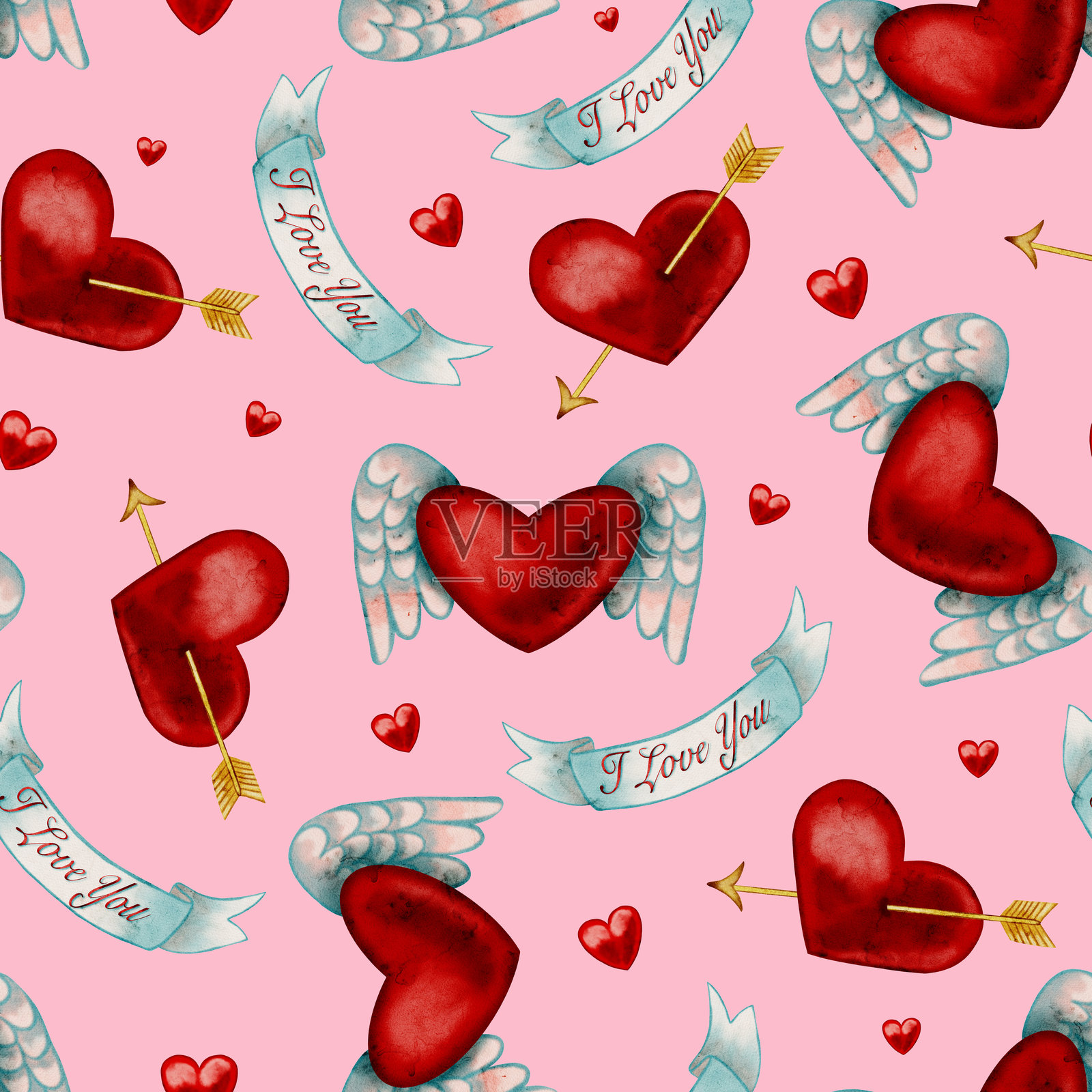 情人节快乐。无缝心形图案。情人节装饰。情人、爱、浪漫、红色。带箭头的心、带翅膀的心。水彩心。爱。插画图片素材