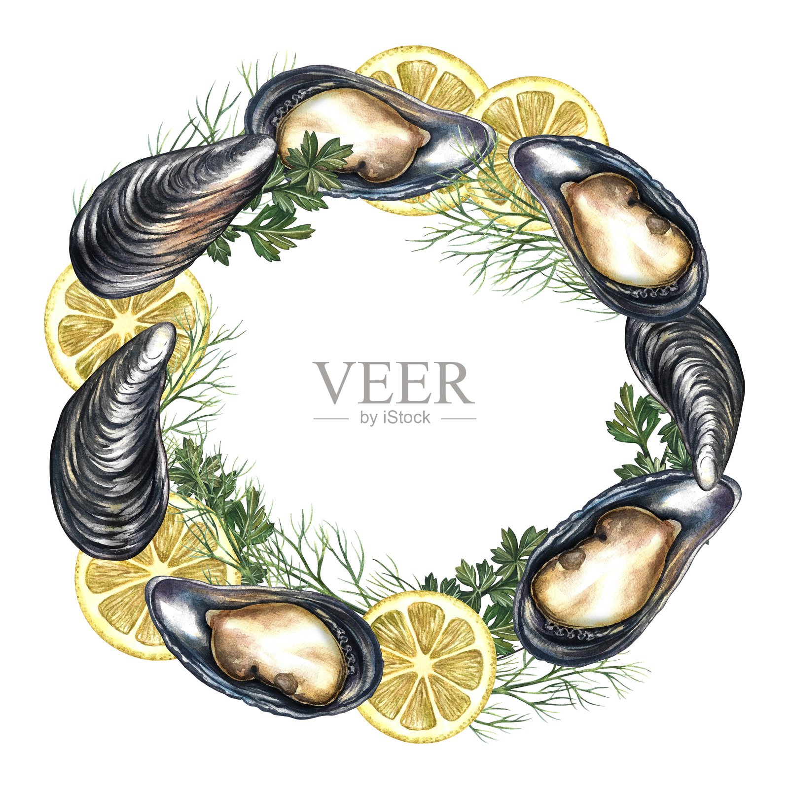 框架是圆形的，装饰有贻贝、柠檬和香草。手工水彩插图。海鲜模板的彩色图像。背景为白色。适用于菜单、邀请函、包装、标签和食谱。插画图片素材