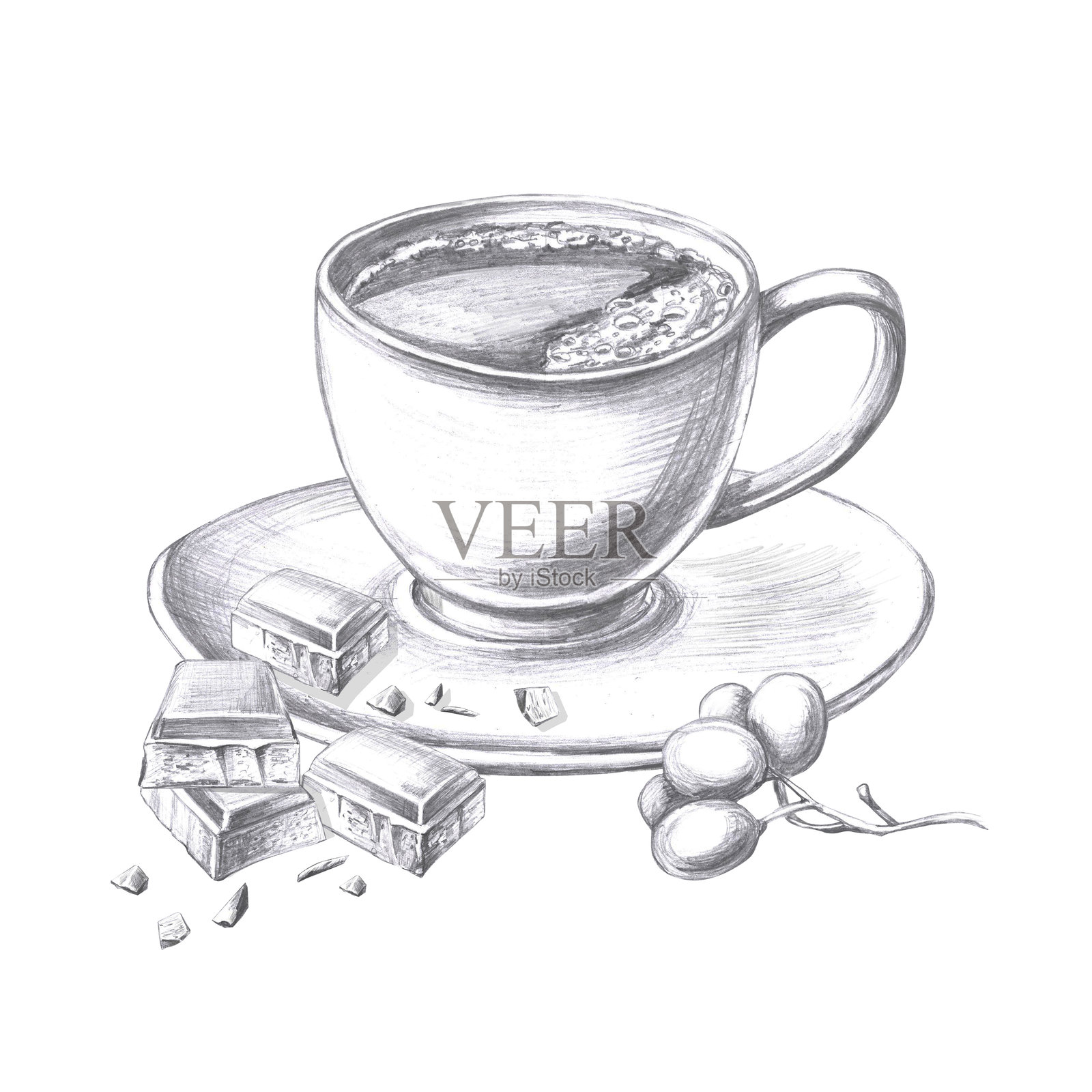 咖啡杯与巧克力棒和葡萄的插图。适用于咖啡馆设计、菜单设计和食谱的铅笔素描。插画图片素材