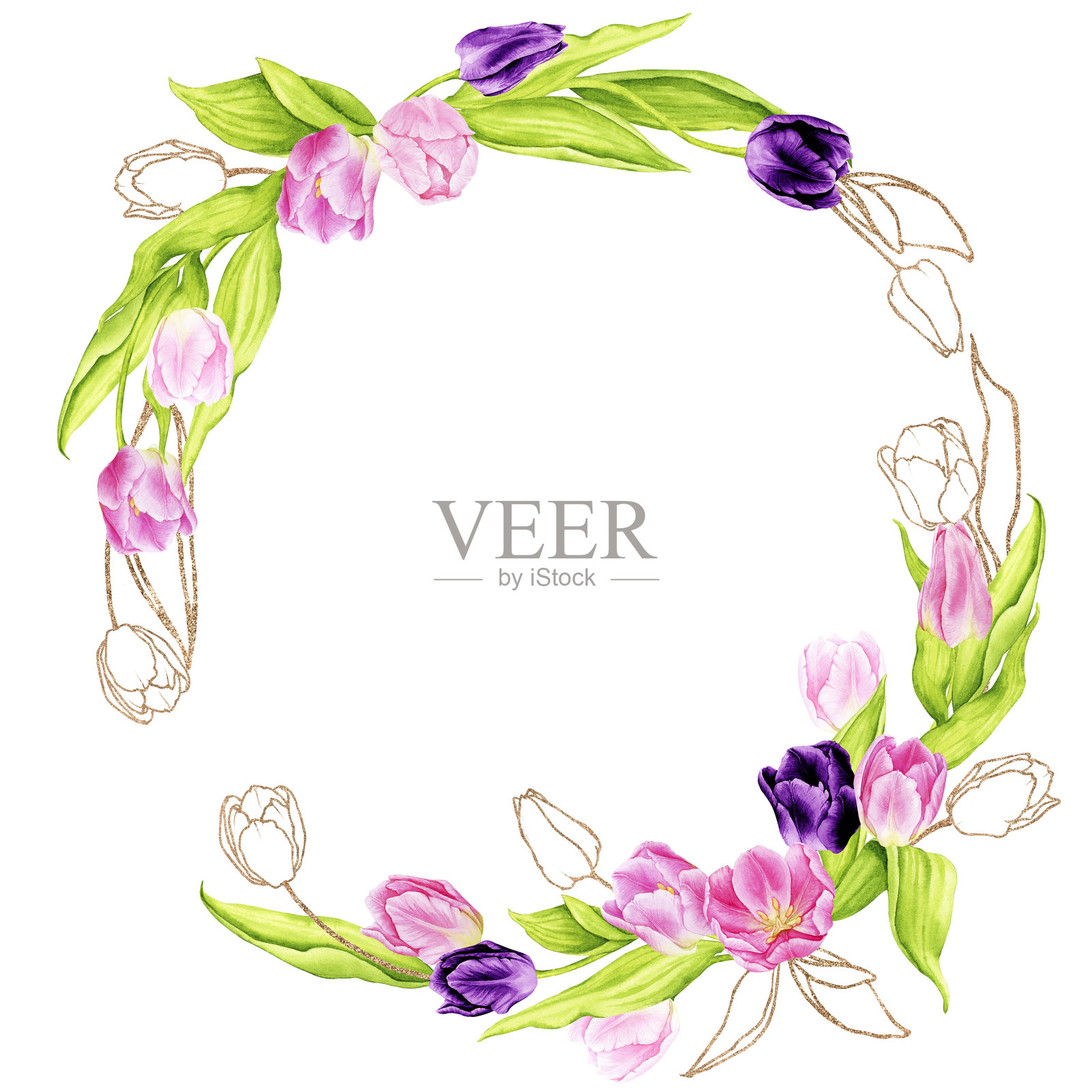 水彩郁金香花环。圆形金色框架。春天、婚礼、母亲节、国际妇女节、生日。明信片、贺卡、海报、邀请函的构图。手绘插图。插画图片素材