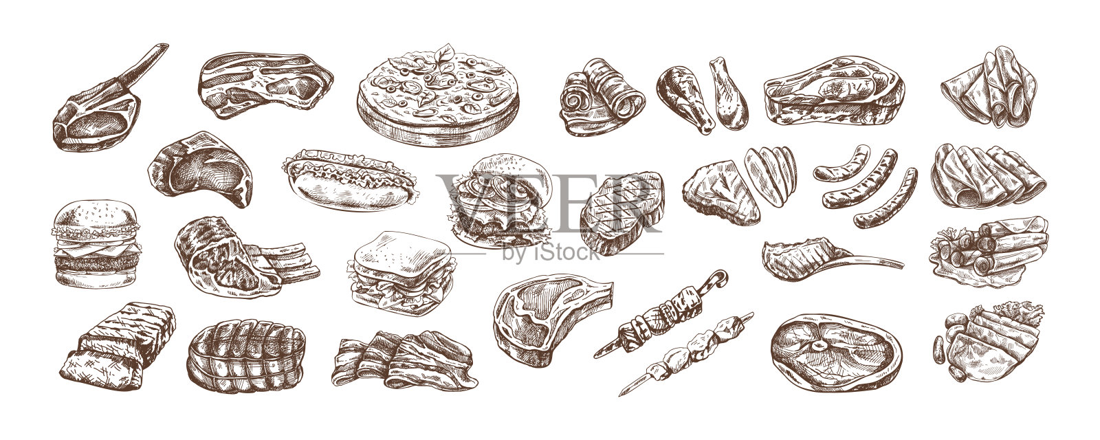 手绘的彩色和单色肉类、牛排、鸡肉、烤肉串、培根、嫩肉、猪肉、牛肉、火腿、烧烤的素描合集。复古插图。插画图片素材