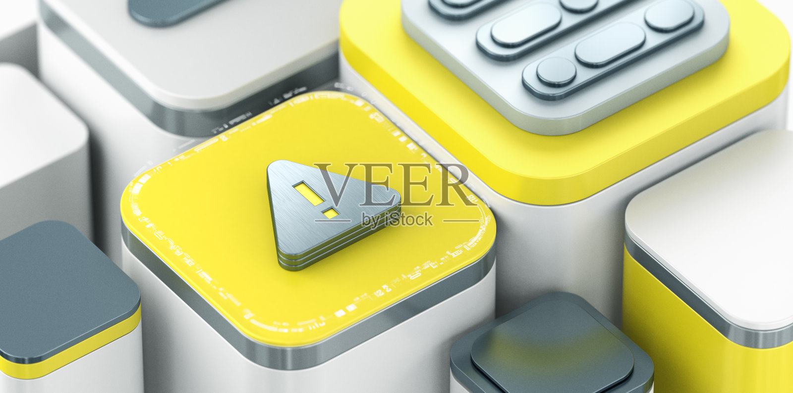 强调网络安全、数据网络安全和现代技术元素的数字表现，采用风格化视觉。黄色等距背景。照片摄影图片