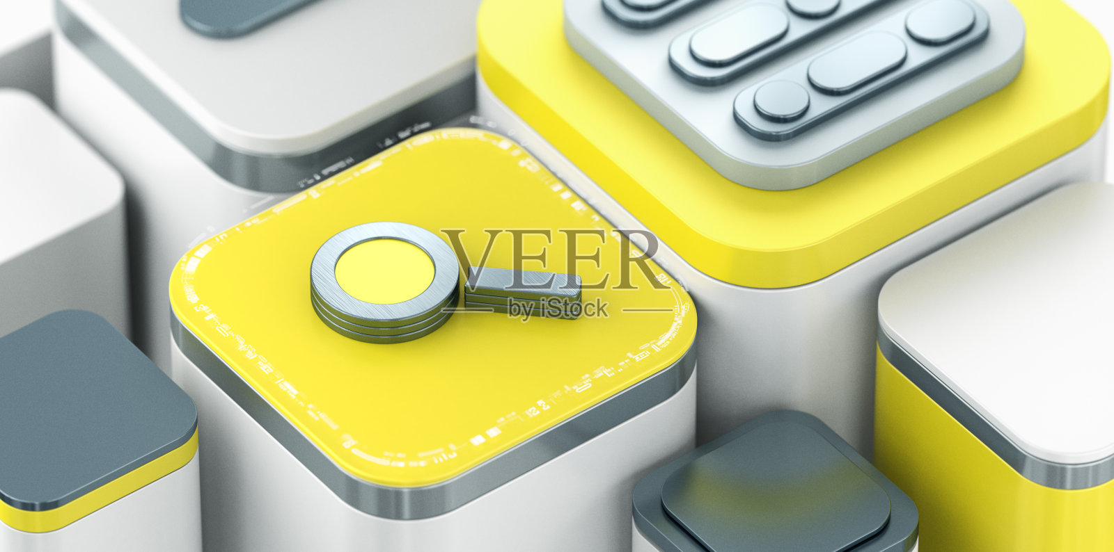 AI搜索技术概念。数字镜头图标在黄色等距背景上，代表不断发展的搜索技术。照片摄影图片