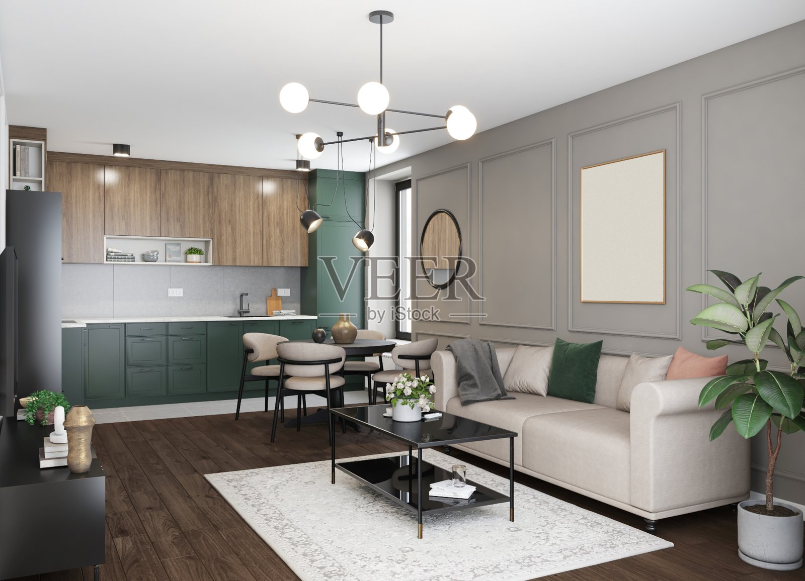 现代开放式客厅与中性色调的现代厨房设计照片摄影图片