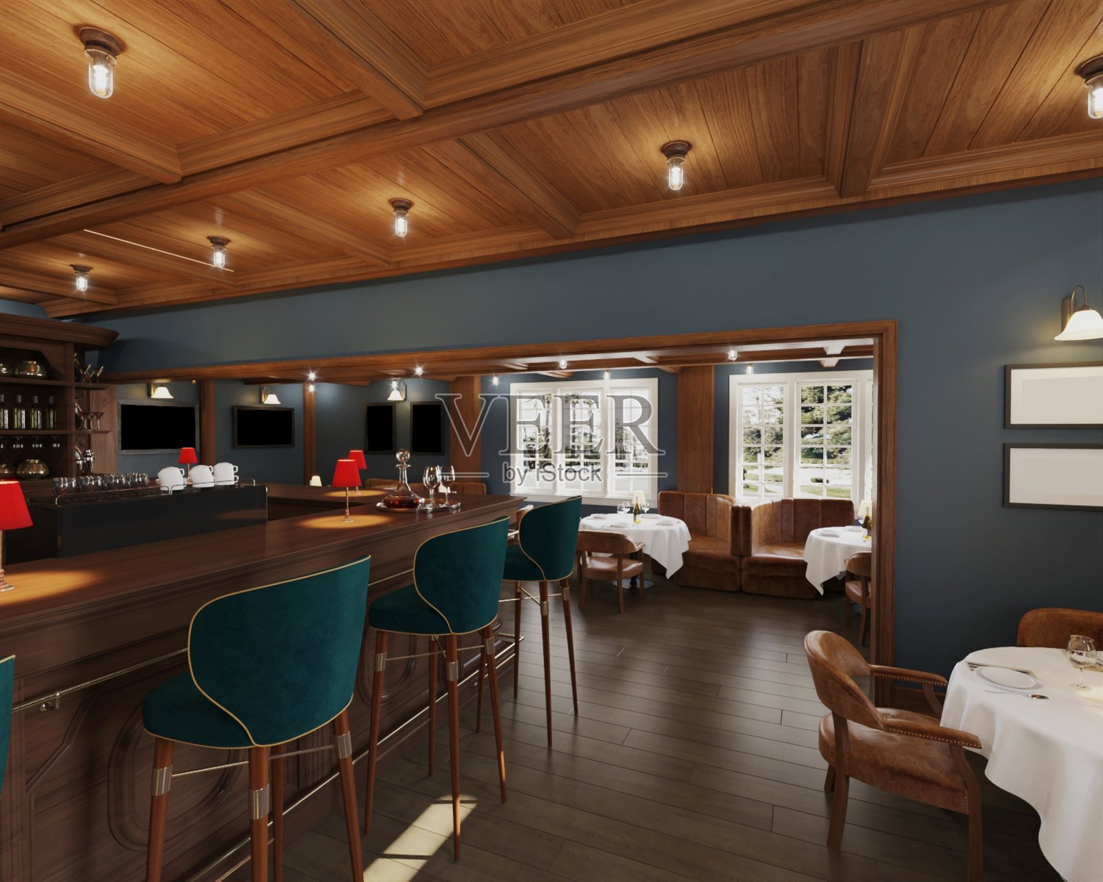 温馨的酒吧和餐厅内部，配有木质元素和优雅的装饰照片摄影图片
