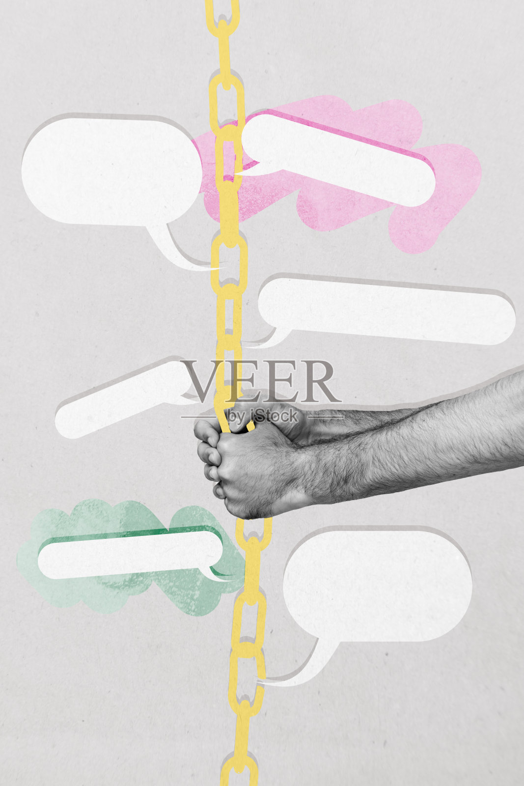 海报图像，垂直照片拼贴，手拉金属链，陷阱图标，通知，语音对话，讨论，监禁照片摄影图片