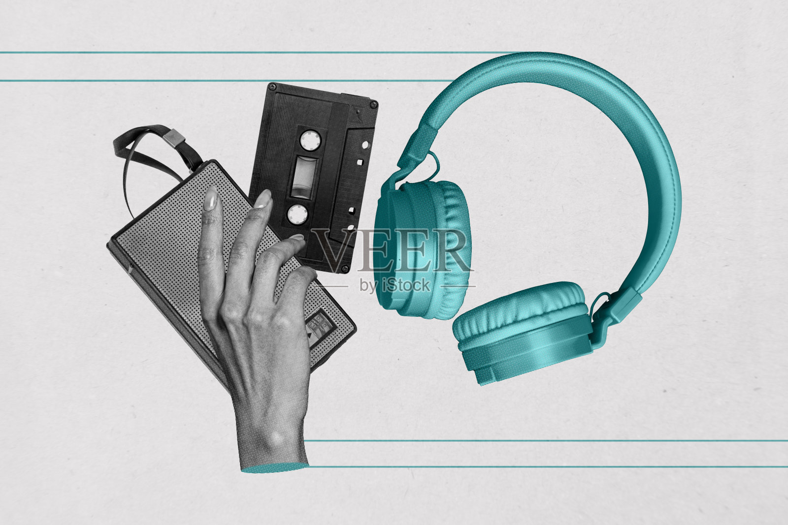 趋势艺术横幅素描照片拼贴，耳机听音乐，收音机，卡带，手持，夜晚，无忧无虑的活动，夜总会娱乐照片摄影图片