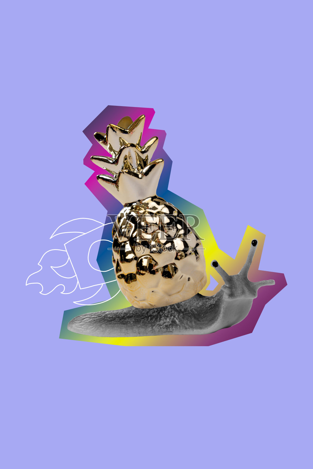 趋势艺术海报复合素描图像拼贴，蜗牛动物移动，穿着菠萝配饰的火箭飞船壳。照片摄影图片