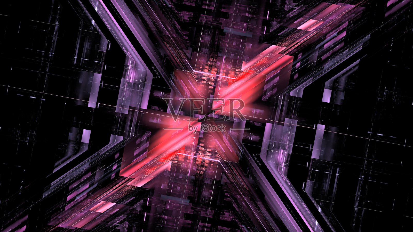 红色和紫色的动态图案在复杂的几何设计中相交，在抽象的未来主义环境中创造出引人注目的视觉效果。三维渲染照片摄影图片