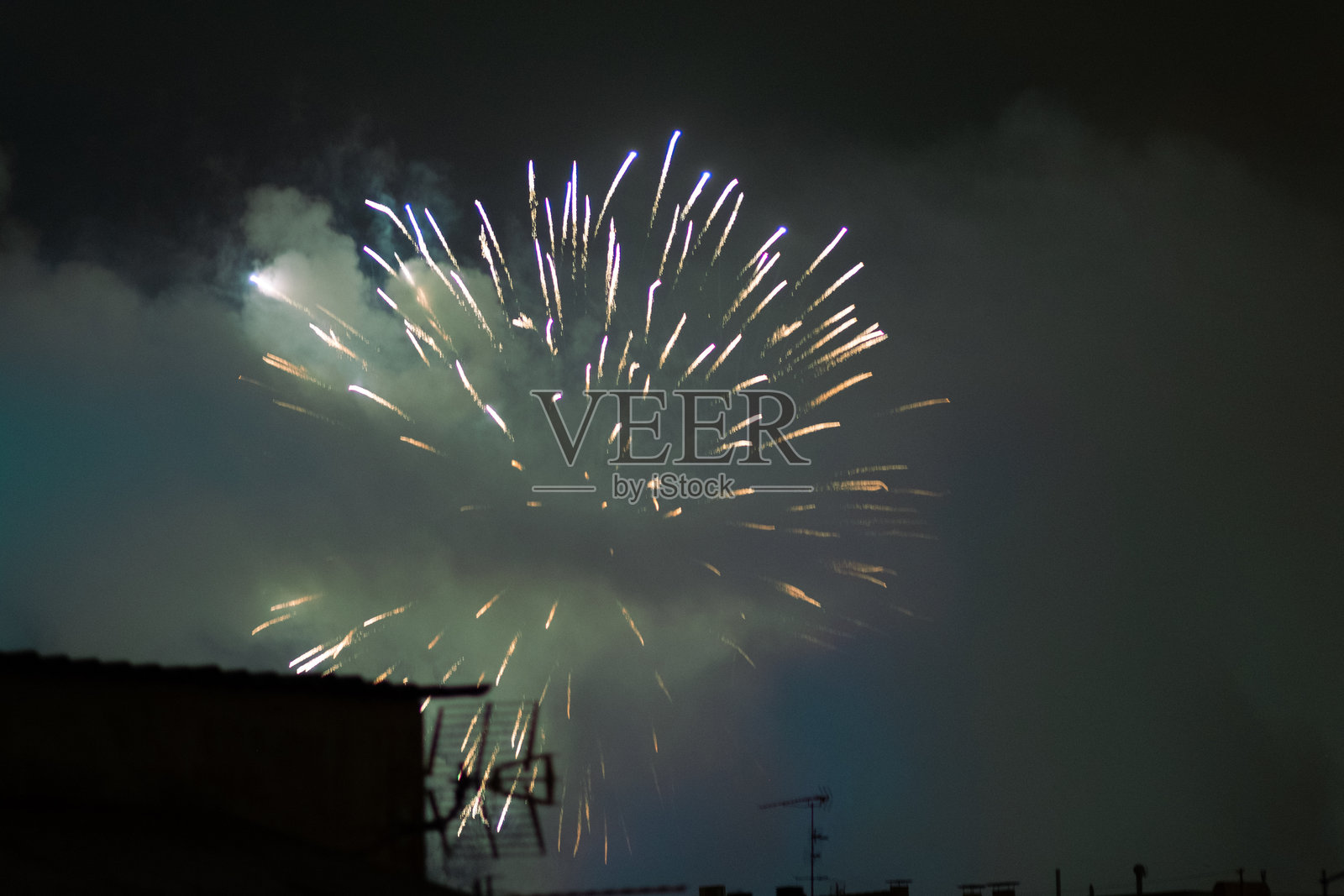 节日夜晚，城市天空中绽放着美丽的烟花照片摄影图片