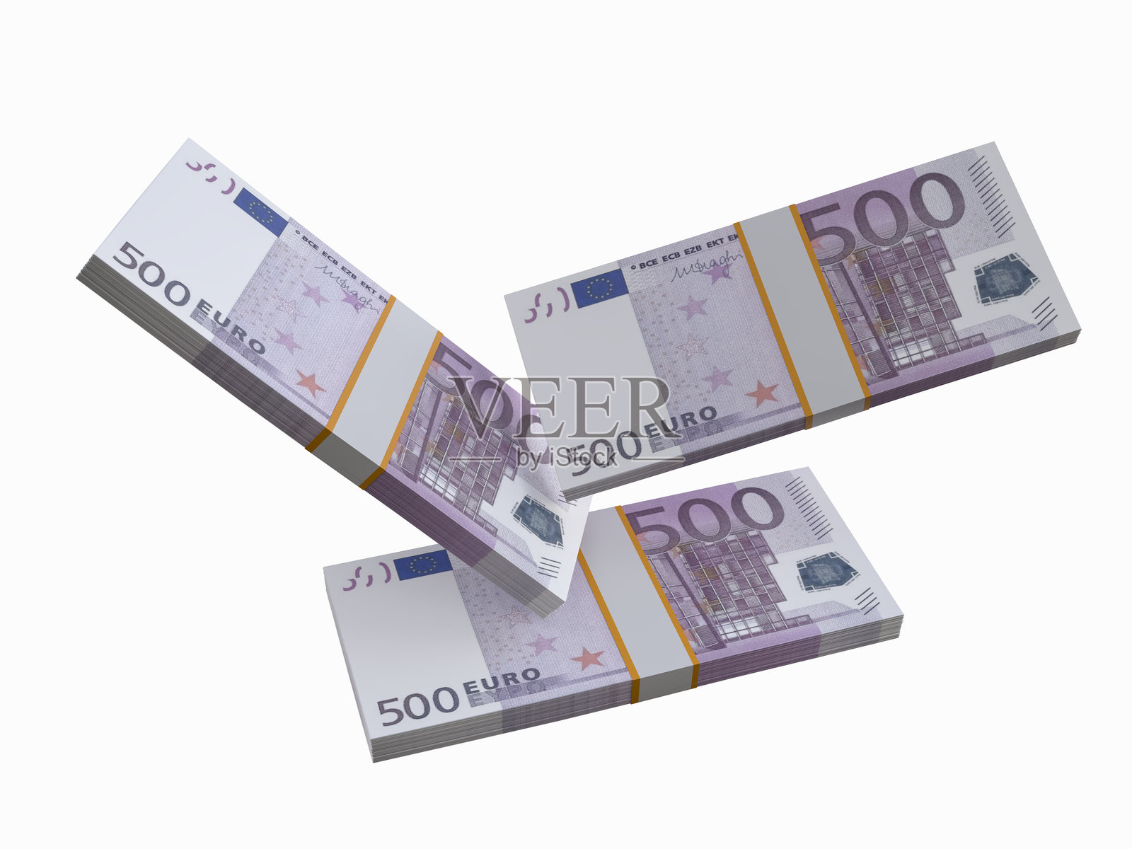 一堆欧元纸币。3D欧元500元钞票。孤立在背景上的一堆美国货币。创意商业欧洲联盟经济金融赚钱或储蓄概念。照片摄影图片
