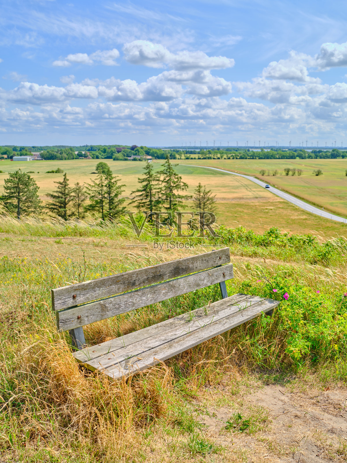 丹麦春季风景中的乡村木长椅照片摄影图片