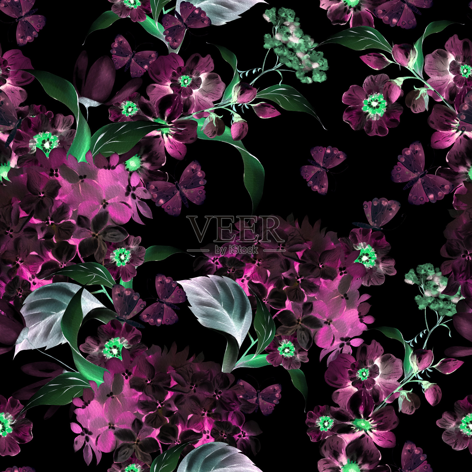 水彩图案与不同的野花和蝴蝶。插画图片素材