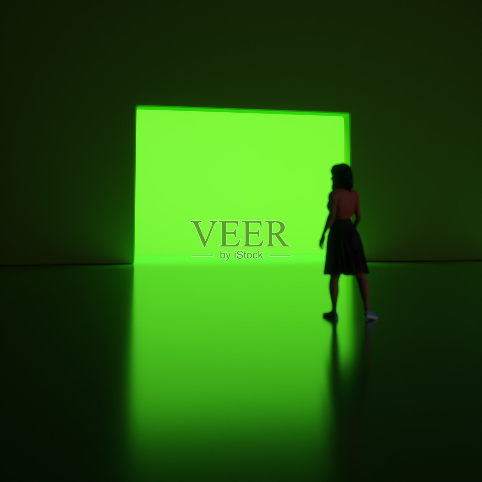 一位女性走向发光的绿色传送门 – 计算机生成图像照片摄影图片